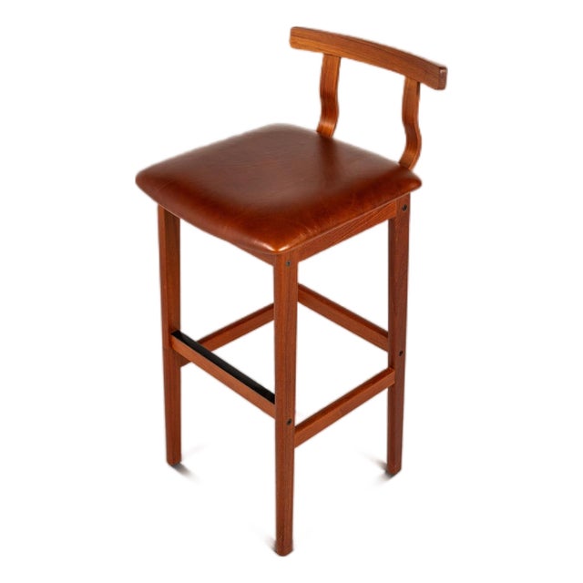 Rare Mid-Century Danish Modern Barstool in Teak & Leather by Knud Bent for Korup Stolefabrik, Denmark, C. 1960s For Sale