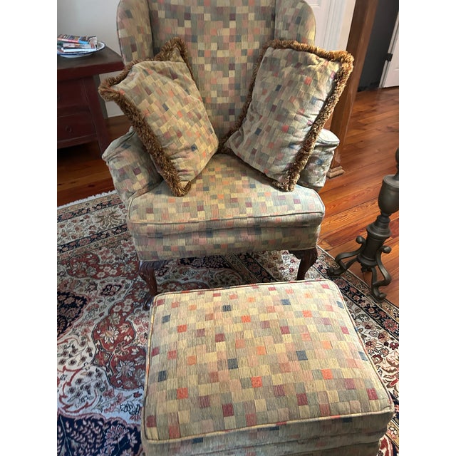 Textile 1970s Attributed to Baker Club Chair W/Ottoman and 2 Pillows; Checkered Earth-Tone Fabric For Sale - Image 7 of 8