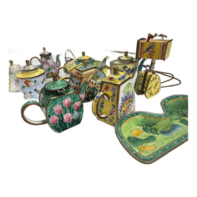 Kelvin’s Chen 1999 Enamel on Copper Miniature Teapot Collection – Set of 13 For Sale