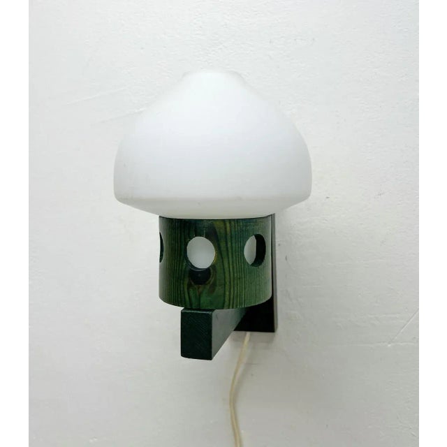 Mid-Century Swedish small wall lamp from wood and opaline glass, produced by Aneta or Vitrika 1960s Funky green wooden...