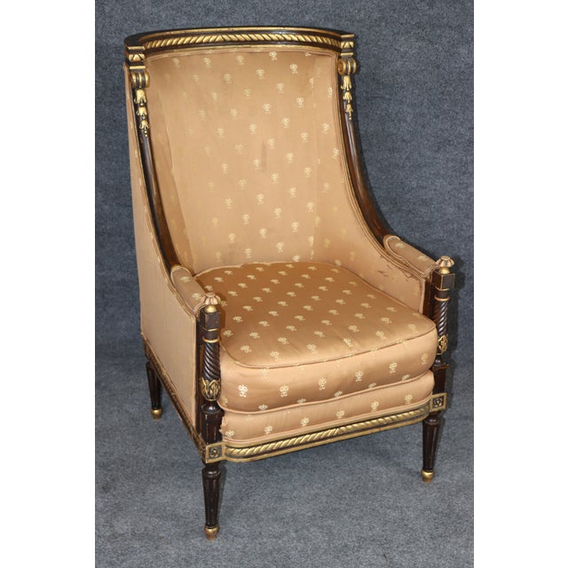 Wood Pair Louis XVI Style Carved With Gilt Accent Wing Back Bergère Chairs For Sale - Image 7 of 15
