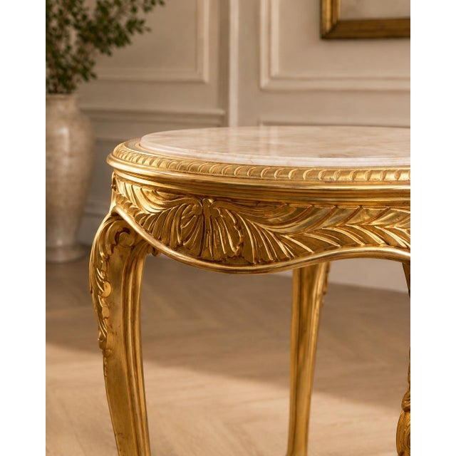 French 1970 Artisan Louis XVI Gold Beech Marble Side Table - 1 Pc For Sale - Image 3 of 8