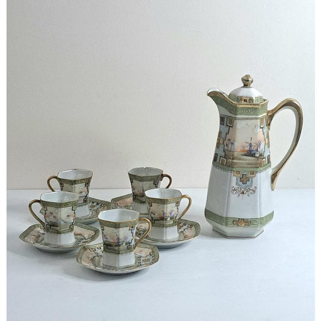 SKU: OT 3340 Antique Imperial Nippon Hand-Painted Chocolate Pot Set, 11 Pieces, Scenic Design, Gold Trim, Japan Beautiful...