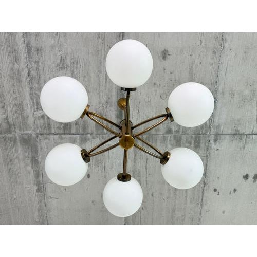 Mid-Century Modern Brass and Opaline Glass 6-Globe Chandelier, 1960s For Sale - Image 4 of 10