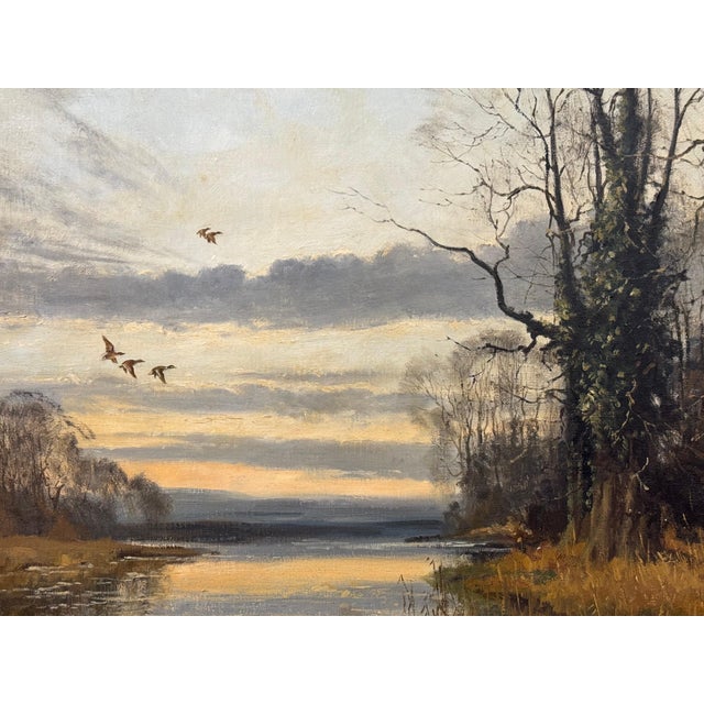 Winter Evening Ducks Flying over Water - English Countryside Vintage British Art 1979 For Sale - Image 12 of 15