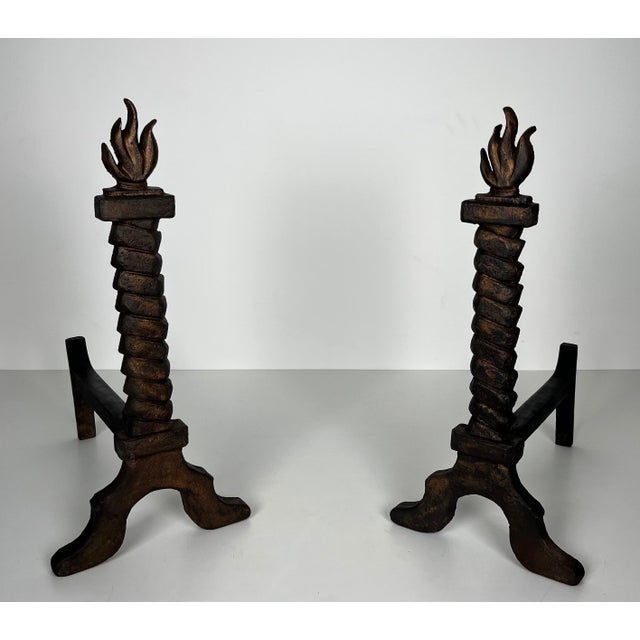 Pair of cast iron and wrought iron firedogs, flame-gilded, in the style of Gilbert Poillerat For Sale - Image 12 of 12