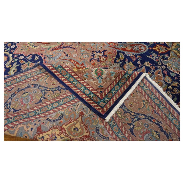 Navy Blue Antique Persian Tabriz Wool 10X13 Navy, Rose, Rust & Ivory Handmade Area Rug #1140102 For Sale - Image 8 of 9
