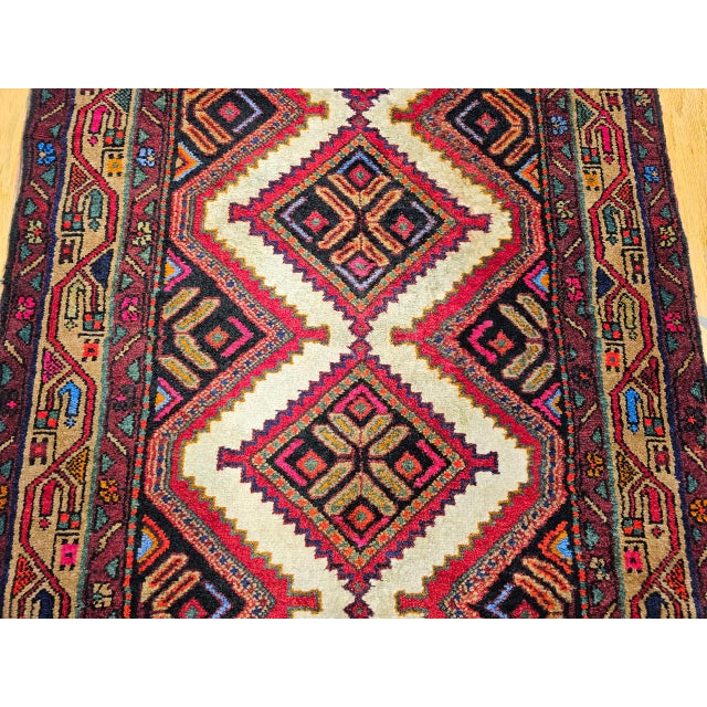 Vintage Persian Malayer Runner Rug, Hand-Knotted Wool, Geometric Pattern, 3x10, Ivory & Red For Sale - Image 13 of 15