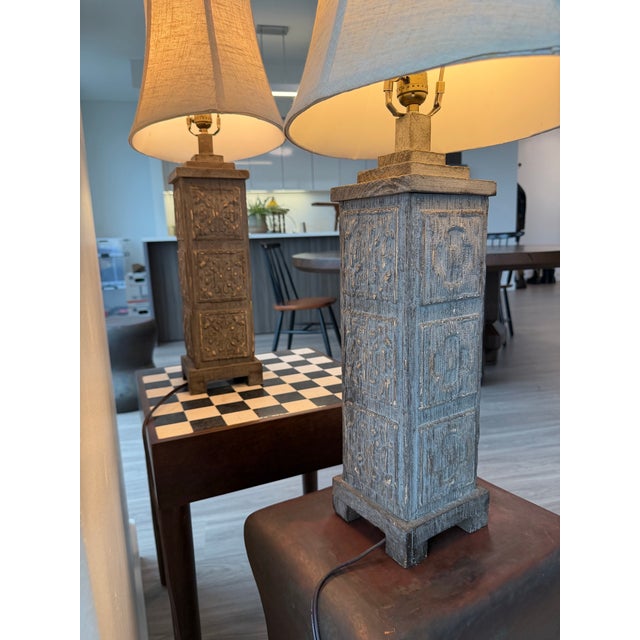 Attributed to Uttermost Carved Wood Table Lamps W/ Shades (32"h) - a Pair For Sale - Image 9 of 12