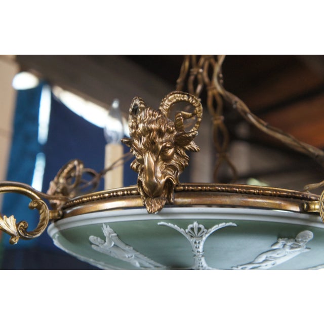 Metal Wedgwood Neoclassical Green Jasperware Cherub Cameo Chandelier Pendant Light For Sale - Image 7 of 18