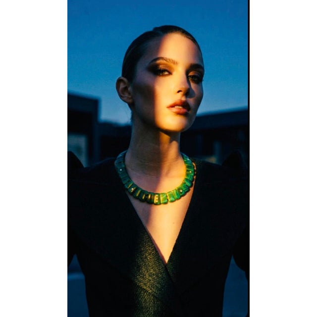 Modern The Cleopatra Malachite Collar Necklace With Diamonds & 14k Gold For Sale - Image 3 of 12
