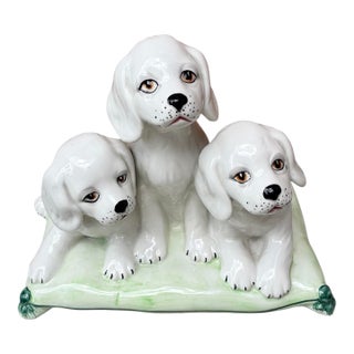 Vintage Mid 20th Century Italian Majolica Trio of Pups Figurine For Sale