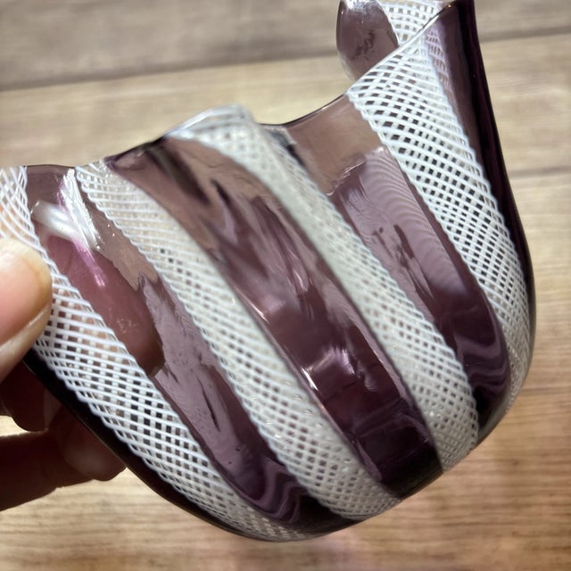 1990s Vintage Murano Style Latticino Amethyst Purple White Art Glass Handkerchief Vase For Sale - Image 5 of 7