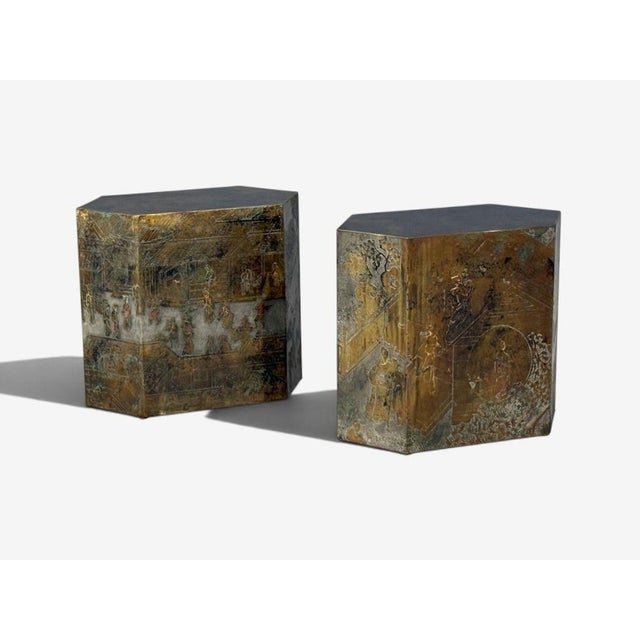 1960s Philip & Kelvin LaVerne, Rare Hexagonal Side Tables, Etched Brass, Usa, 1960s For Sale - Image 5 of 18