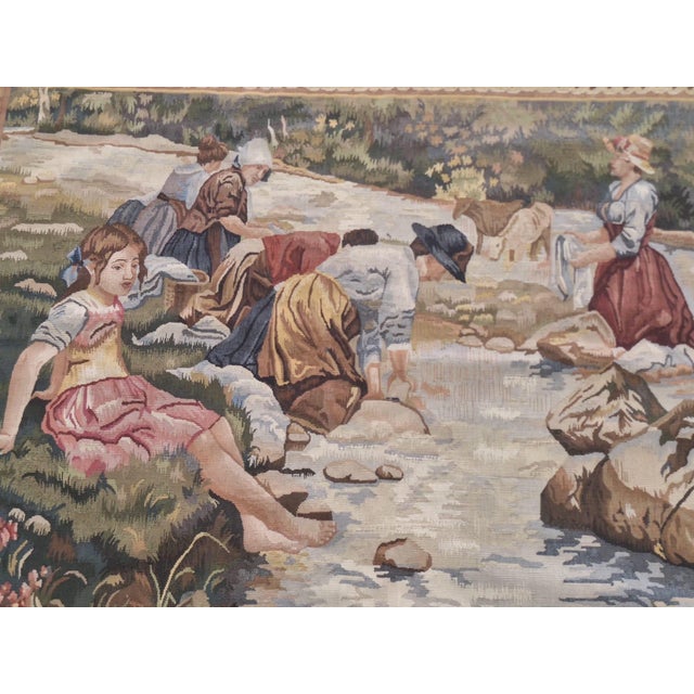 Green Vintage Handmade Chinese Pastoral Figural Tapestry Wall Hanging, 36" X 47" For Sale - Image 8 of 10