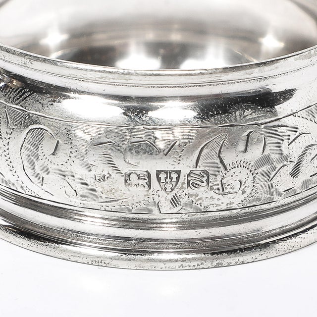 Metal Antique Sterling Silver Napkin Ring With Engraved Detailing & English Hallmarks For Sale - Image 7 of 14