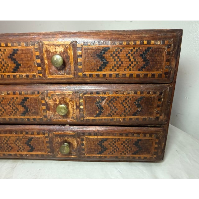Folk Art Antique 19th Century Handmade Wood Veneer Marquetry Jewelry Box Dresser Chest For Sale - Image 3 of 14