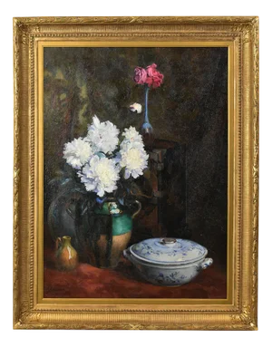 Jouenne Léon, White Peonies, 20th Century, Oil on Canvas