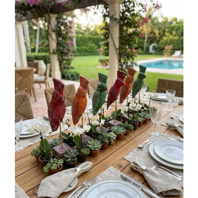 Emerald Vintage Indian Hand-Carved & Painted Wooden Parrots on Stands - Set of 6 For Sale - Image 8 of 11