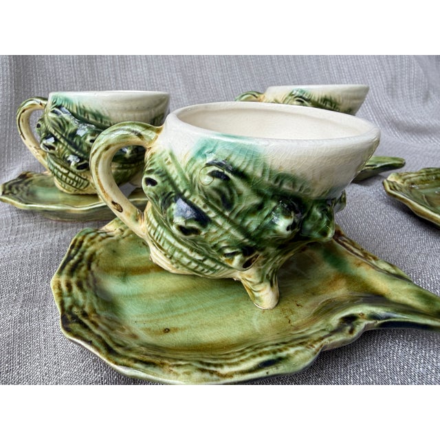 Ceramic Vintage Majolica Style Shell Cup and Saucers Set of 9 Pieces For Sale - Image 7 of 17