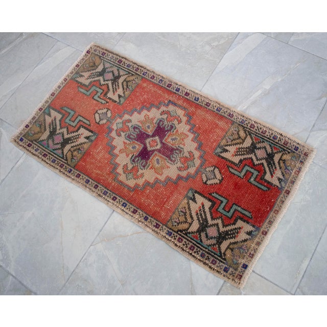 Distressed Rug Low Pile Hand Knotted Yastik Rug Faded Mat- 20'' X 36'' For Sale - Image 10 of 13
