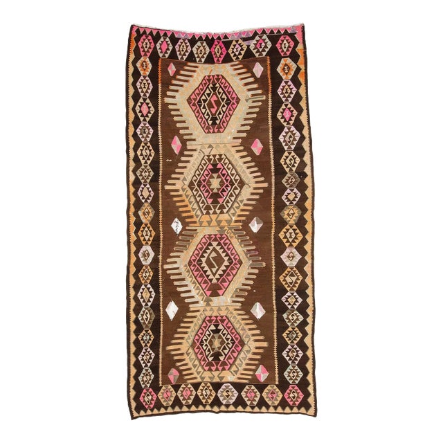 Brown & Pink Vintage Turkish Kilim Rug For Sale