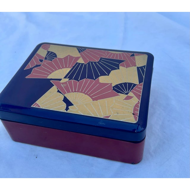 Wood Purple Lacquered Lidded Box With Japanese Fan Details For Sale - Image 7 of 9