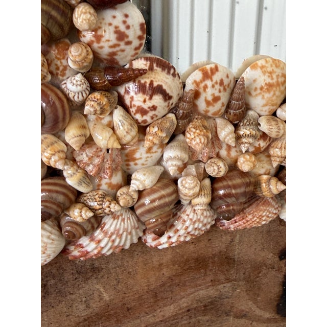 A charming vintage seashell-encrusted mirror featuring an intricate arrangement of natural shells in warm neutral tones....