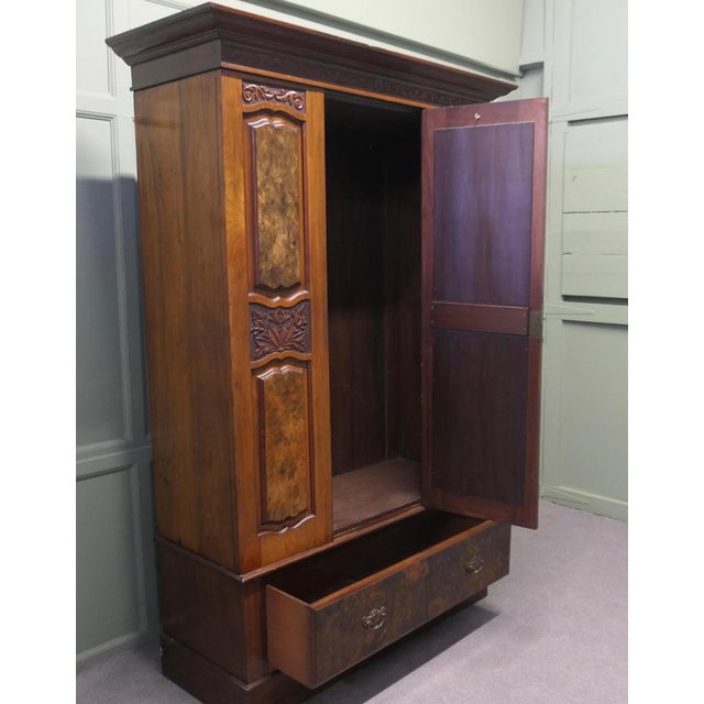 Wood Victorian Arts & Crafts Wardrobe in Carved Walnut For Sale - Image 7 of 8