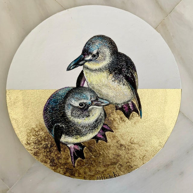 Anastasia Gklava, Baby Penguins, Oil Painting with Gold Leaf on Round Canvas, 2025 For Sale - Image 13 of 18