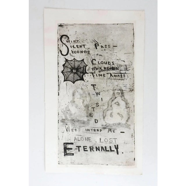 Etching on paper with spiderweb and poetry. Signed illegibly, numbered 3/6 and titled Twisted Webs in pencil along lower...