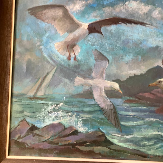 Mid-Century Modern 1950’s Modernist Seagull/Lighthouse/Sailing Painting Modernist Frame For Sale - Image 3 of 4