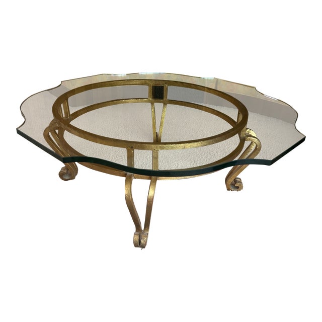 Vintage Gilt Iron & Scalloped Glass Coffee Table, Hollywood Regency / Maison Jansen Style For Sale