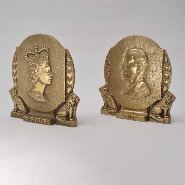 1953 English Vintage Coronation Queen Elizabeth II & Prince Philip Commemorative Bookends, Gilt Bronze - a Pair For Sale - Image 12 of 12