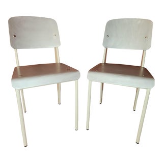 Vintage Mid-Century Modern Jean Prouve Style Brushed Metal & White Side Chairs - Set of 2 For Sale
