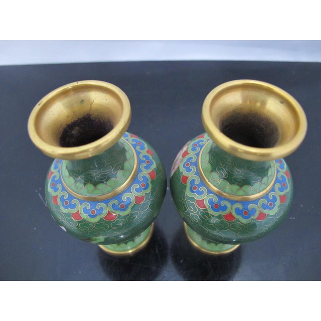 Miniature Chinese Green Flower Gilt Cloisonne Vase Pair For Sale In Portland, OR - Image 6 of 10