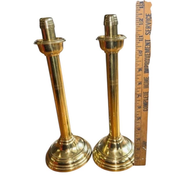 English Vintage Tall Brass Column Candlesticks, Pair Adjustable For Sale - Image 3 of 8