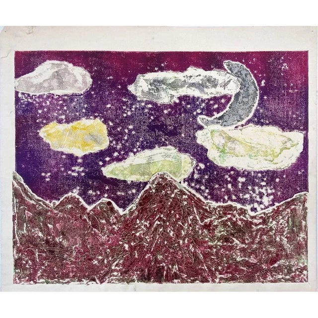 Purple Vintage Abstract Mountain & Moon Landscape Offset Lithograph For Sale - Image 8 of 8