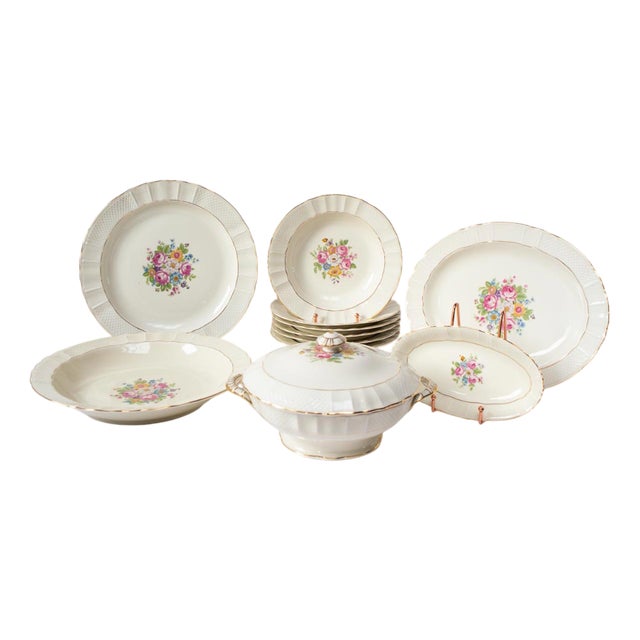 Bernardaud Limoges Porcelain Dinnerware Set with Flowers, 1950s, Set of 11 For Sale