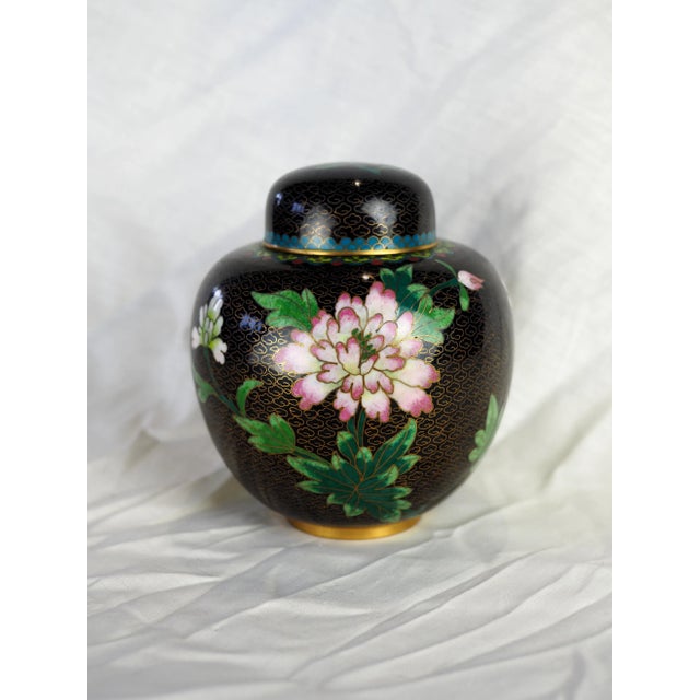 Mid-Century Chinese Black Floral Cloisonne Ginger Jar For Sale - Image 11 of 11