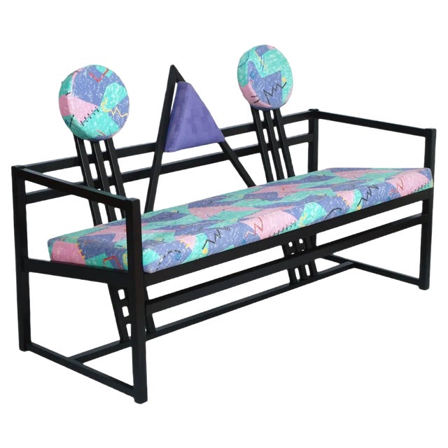 Vintage Black Lacquered Walnut Printed Upholstered Sofa For Sale