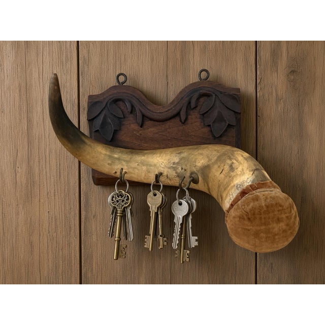 Rare Folk Art wall-mounted horn on wooden plaque with duck etching and key hooks. Signed by maker. Incredible and unique...