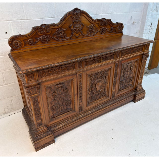 Antique French Renaissance Revival Carved Oak Buffet For Sale - Image 4 of 13