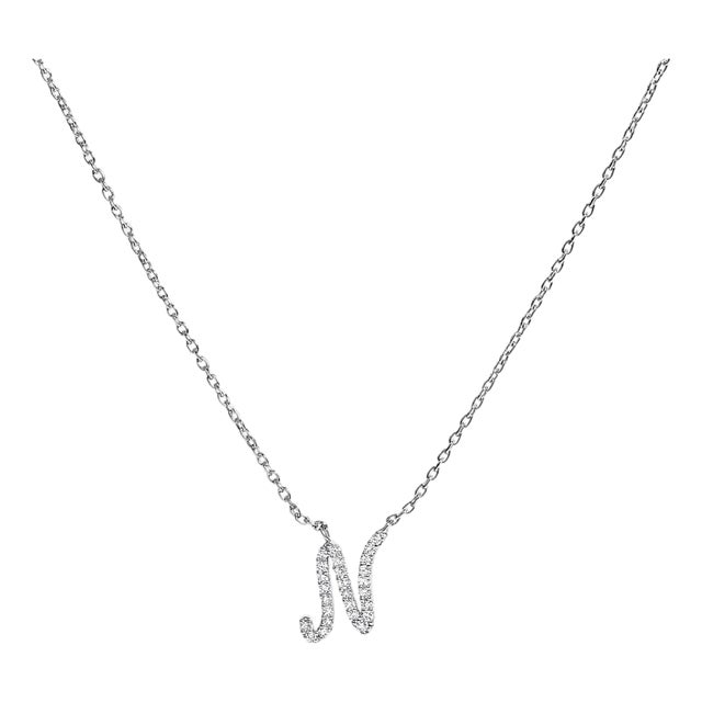 10K White Gold Diamond Accent "N" Initial Script Style Pendant Necklace For Sale