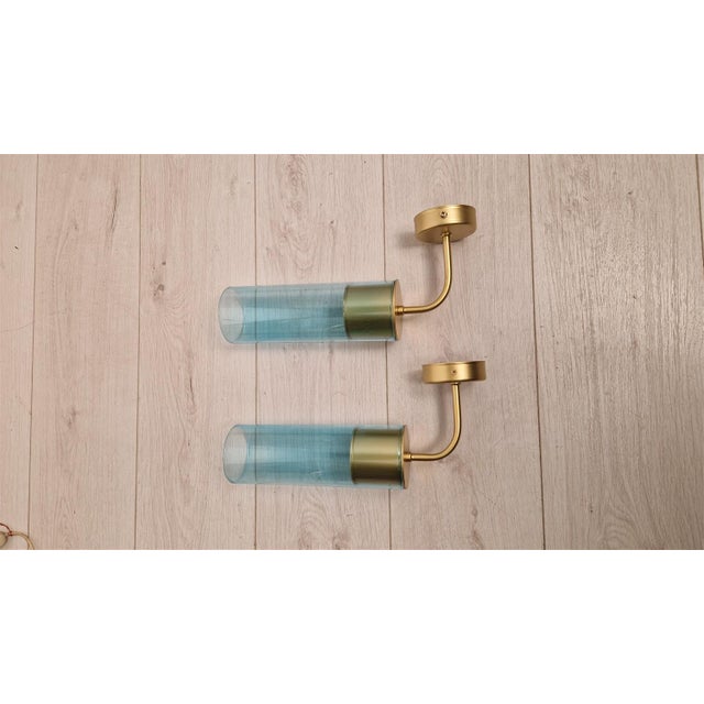 1990s Wall Lamps in Brass with Blue Glass Tube, 1990s, Set of 2 For Sale - Image 5 of 15