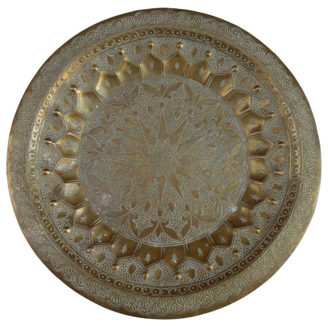 Moroccan Antique Hand-Engraved Moroccan Brass Tray For Sale - Image 3 of 11