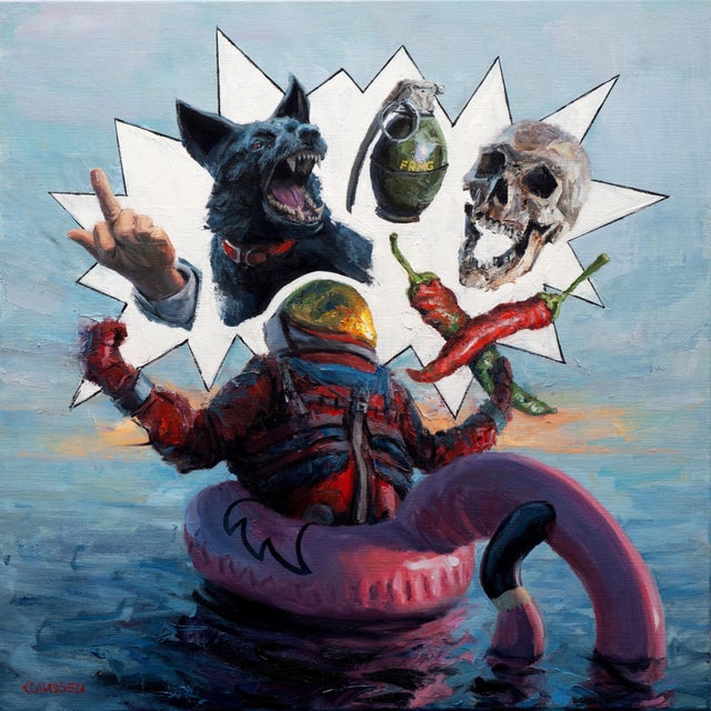 Make Room for Your Inner Stoic by Andreas Claussen | Oil on canvas Astronaut on a flamingo float with various objects. For Sale