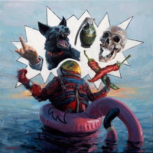 Make Room for Your Inner Stoic by Andreas Claussen | Oil on canvas Astronaut on a flamingo float with various objects.