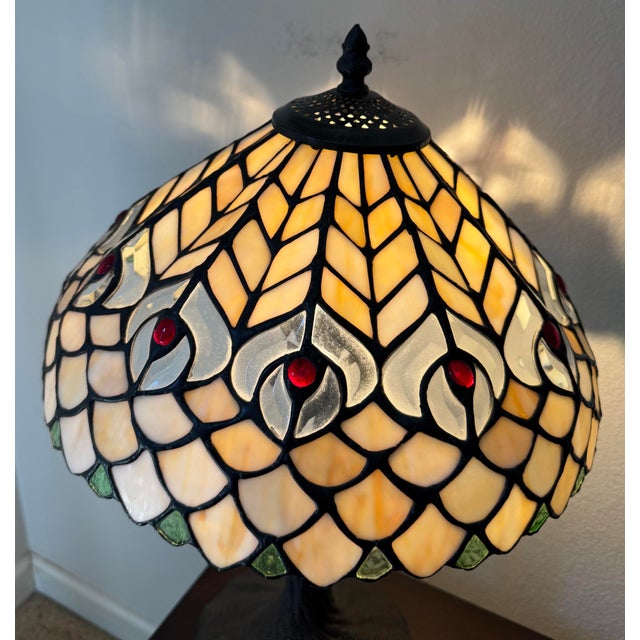Mid-Century Modern Vintage Stained Glass Peacock Style Desk or Table Lamps (Set of 2) For Sale - Image 3 of 9