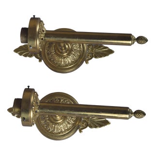 Brass Wall Sconces with Ornate Round Backplates and Pineapple Finials, 1950s, Set of 2 For Sale